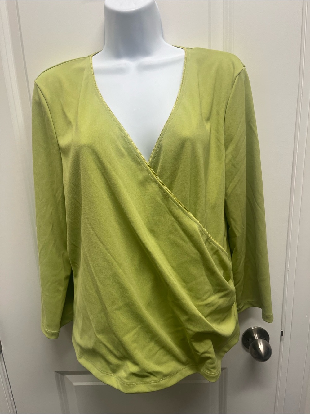 Sigrid Olsen XL Chartreuse Faux Wrap Top Green Y2K Sleek Draped V-Neck